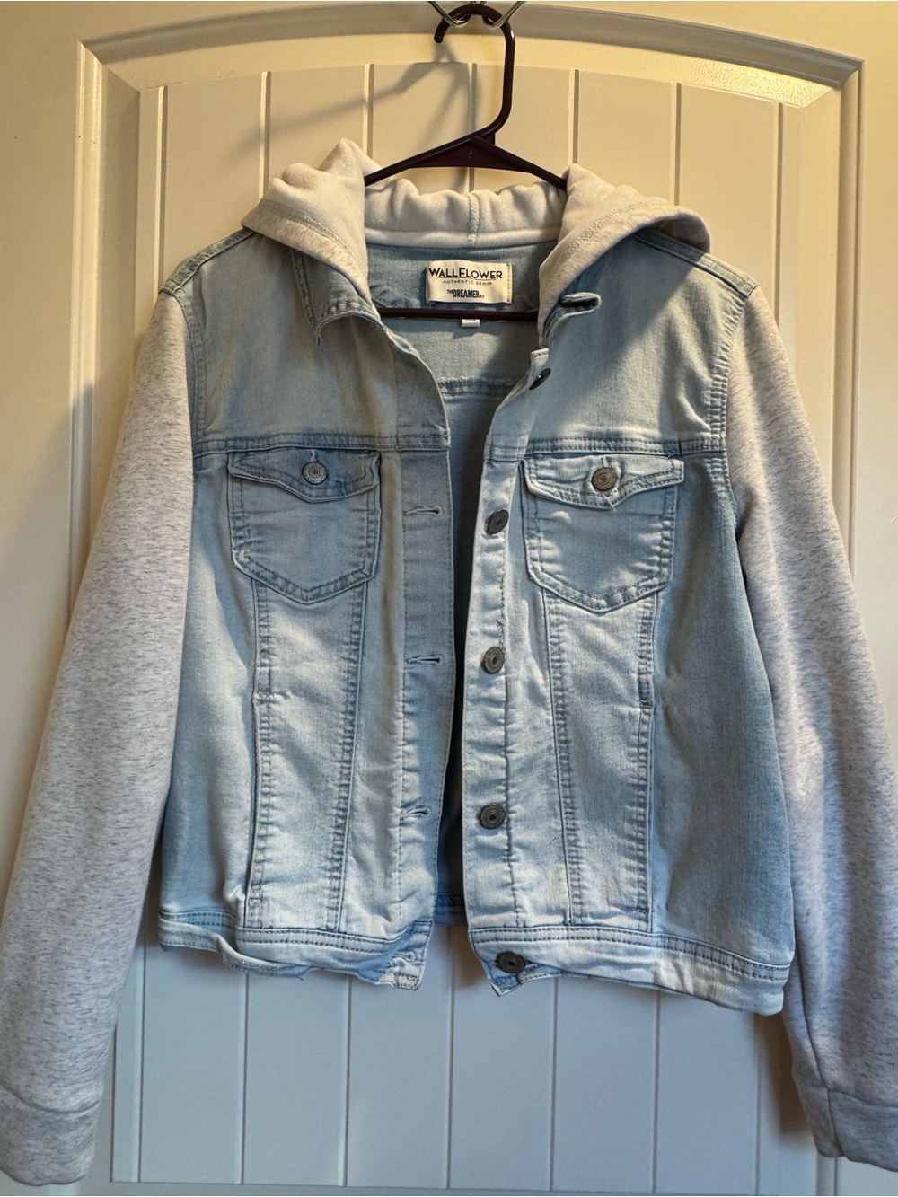 Wallflower Light Blue Denim Jacket with Gray Hoodie Sleeves